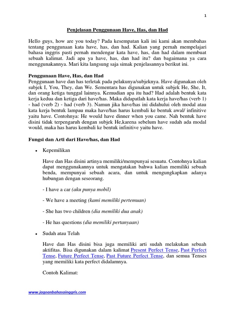 Penjelasan Penggunaan Have, Has, Dan Had | PDF | Business