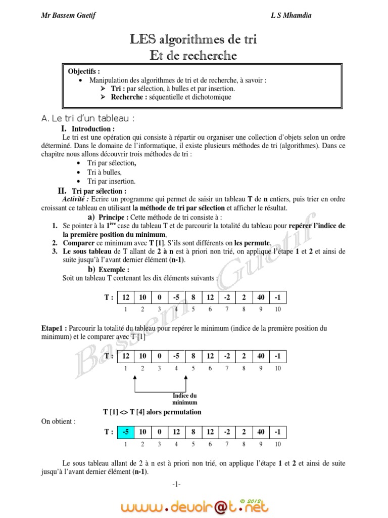 Algorithmes de Tri en Informatique 3ème | PDF | Tableau (structure de ...