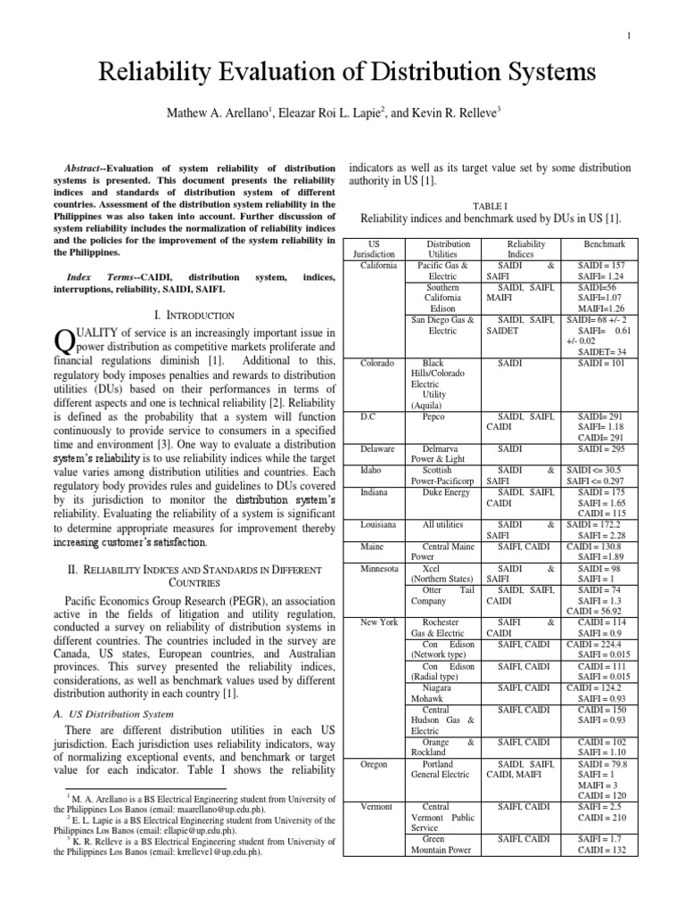 Reliability Evaluation of Distribution Systems Arellano Lapie Relleve ...