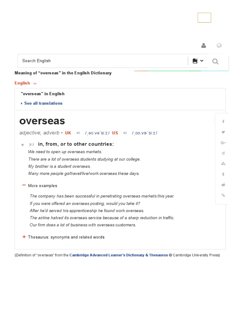 Overseas Meaning in the Cambridge English Dictionary Dictionary