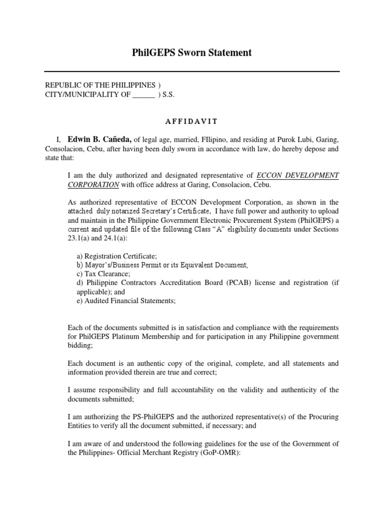 PhilGEPS Sworn STatement Notary Public Justice