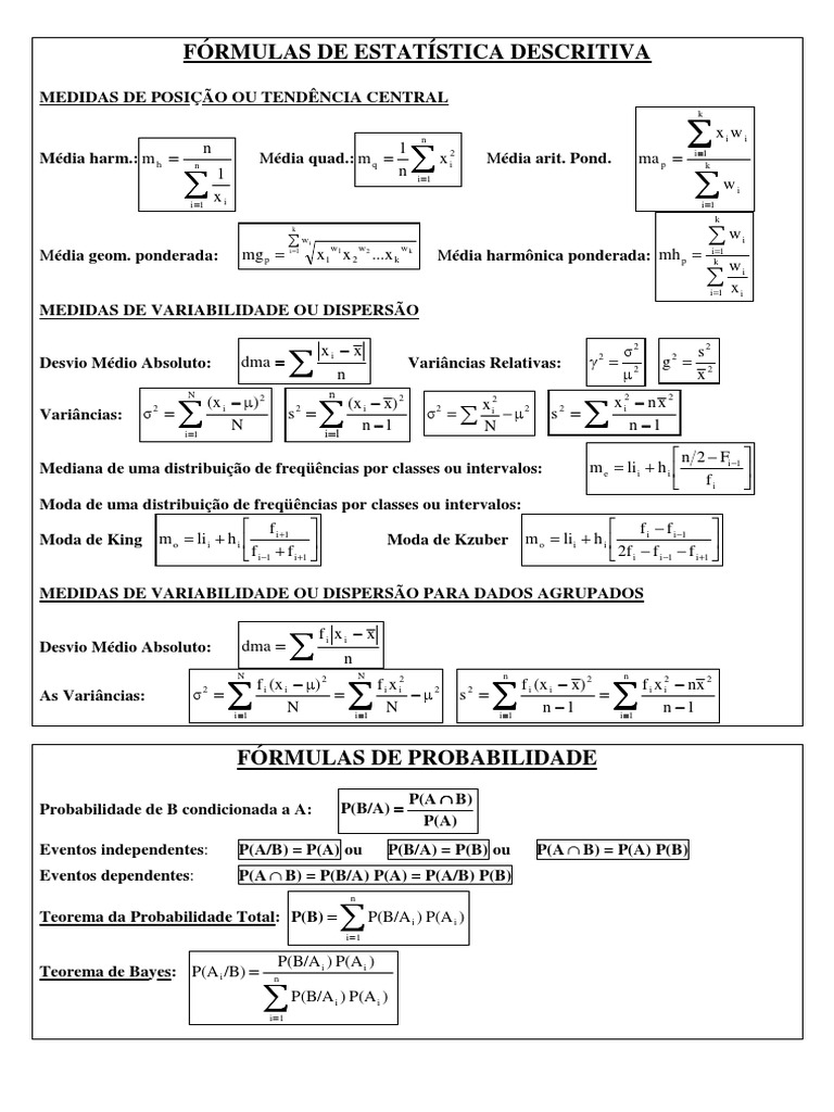 Fórmulas de Estatística Descritiva e Probabilidade | PDF