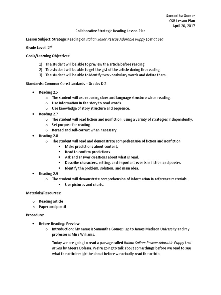CSR Lesson Plan for 2nd Grade Reading | PDF | Reading Comprehension ...