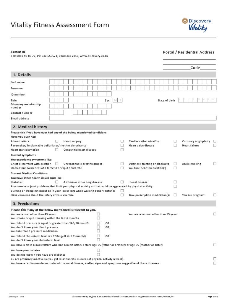 Vitality Assessment Forms PDF Heart Physical Fitness