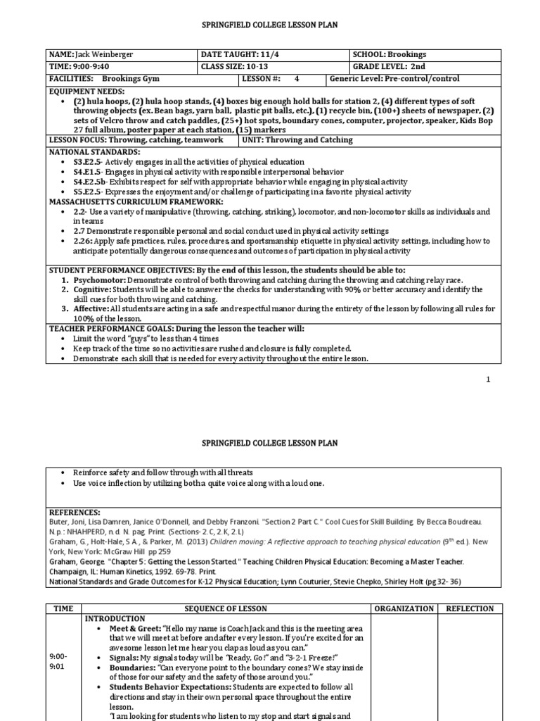 Throwing and Catching 2nd Grade Final PDF Lesson Plan Physical Education