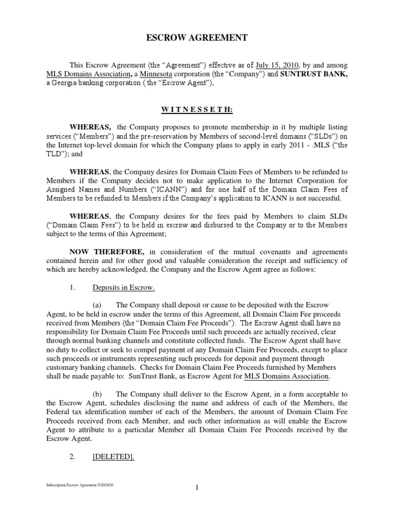 MLS Domain Subscription Escrow Agreement | PDF | Indemnity | Security ...