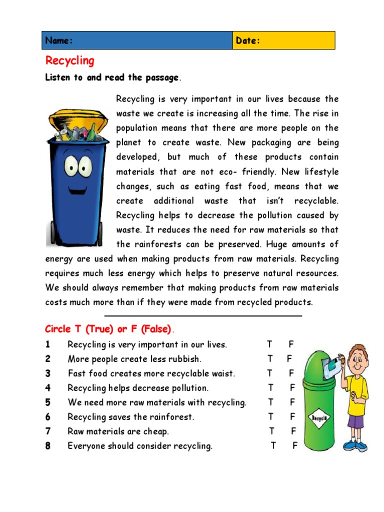 Recycling Reading Comprehension Exercises 102910 PDF