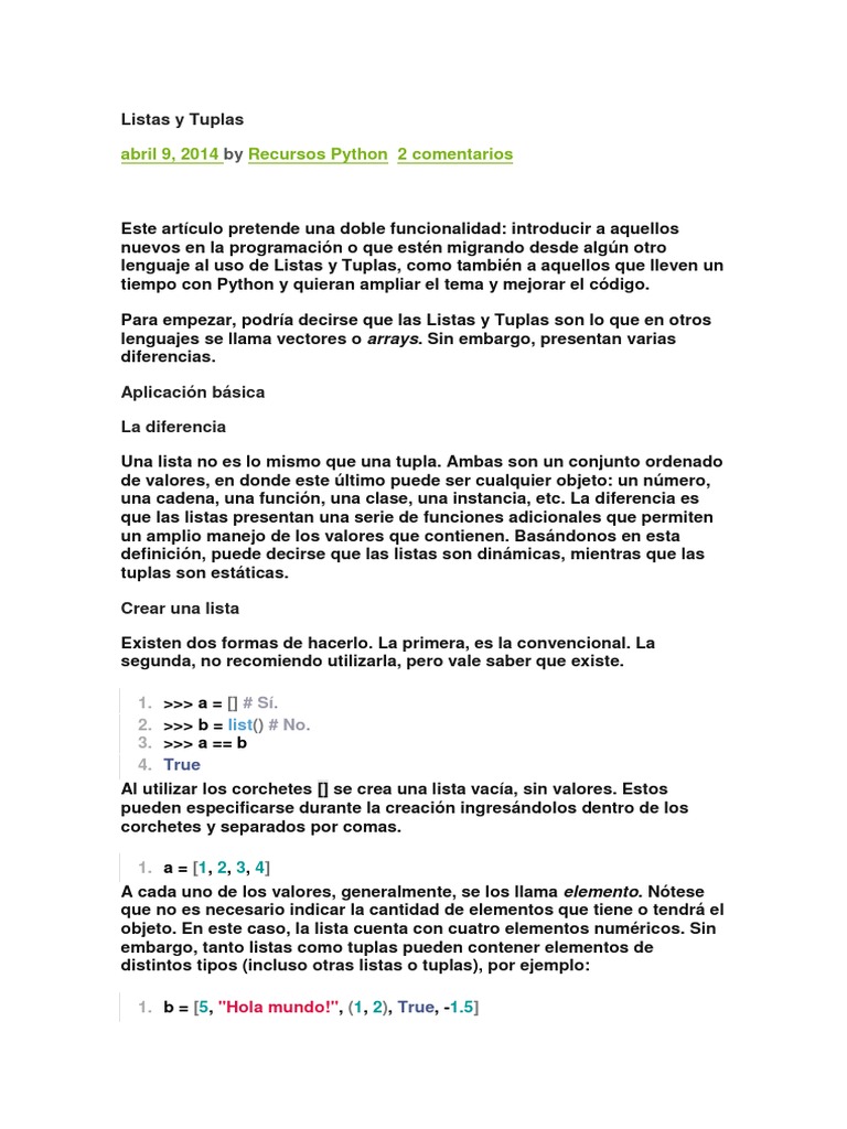Listas y Tuplas | PDF | Estructura de datos de matriz | Python ...