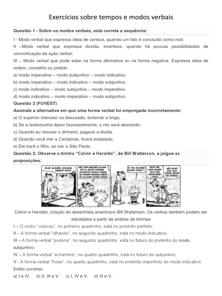 Exercícios Sobre Tempos e Modos Verbais | Tempo Gramatical | Mecânica ...