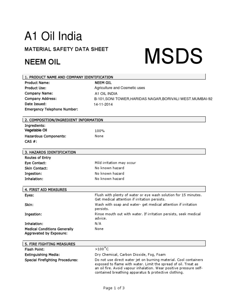 Msds Neem Oil Firefighting Water
