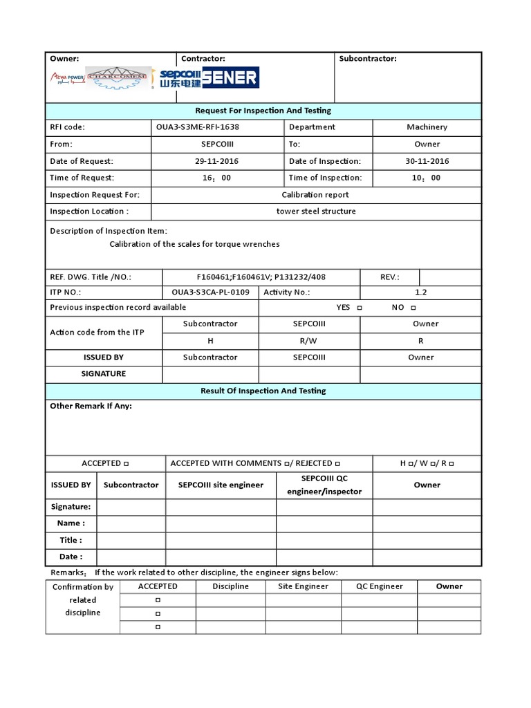 Calibration Inspection Request for Torque Wrenches | PDF