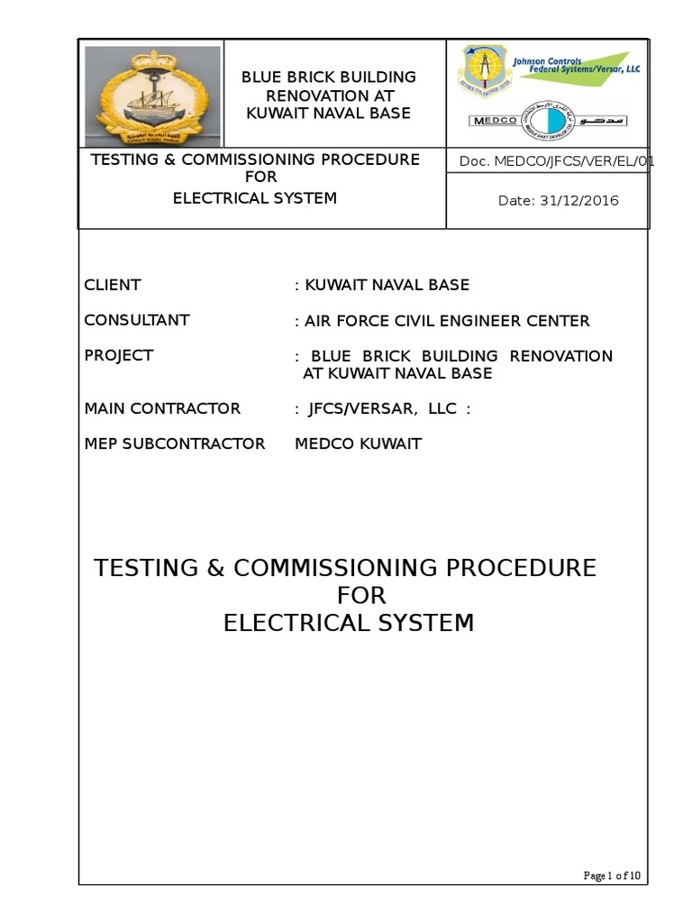 Testing and Commissioning Procedure for the Electrical Systems of the