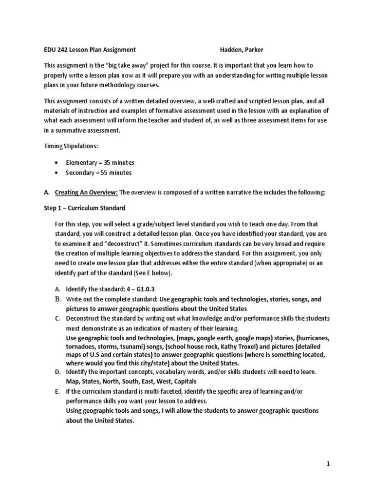 assignment in lesson plan sample