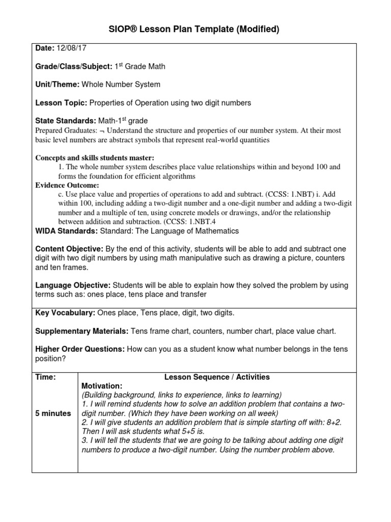 Math Siop Lesson Plan Educational Assessment Teaching Mathematics