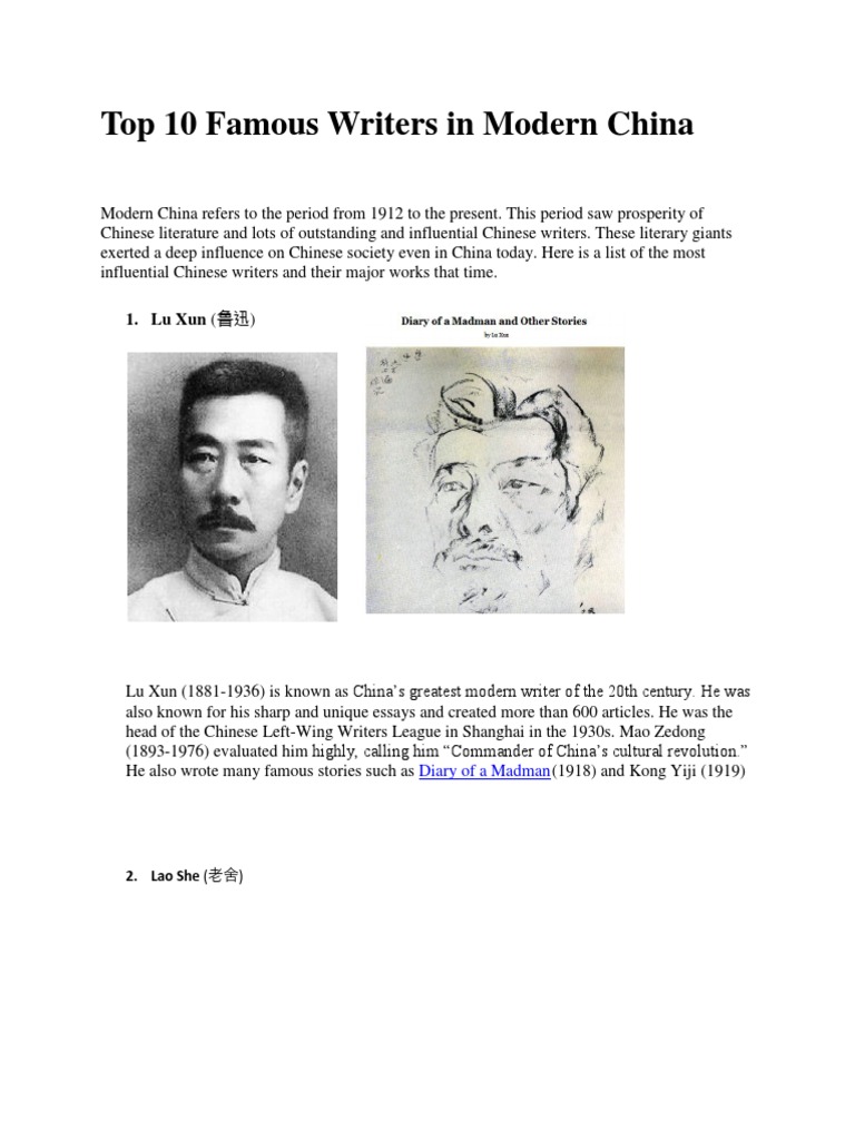 Top 10 Famous Writers in Modern China PDF Chinese Literature China