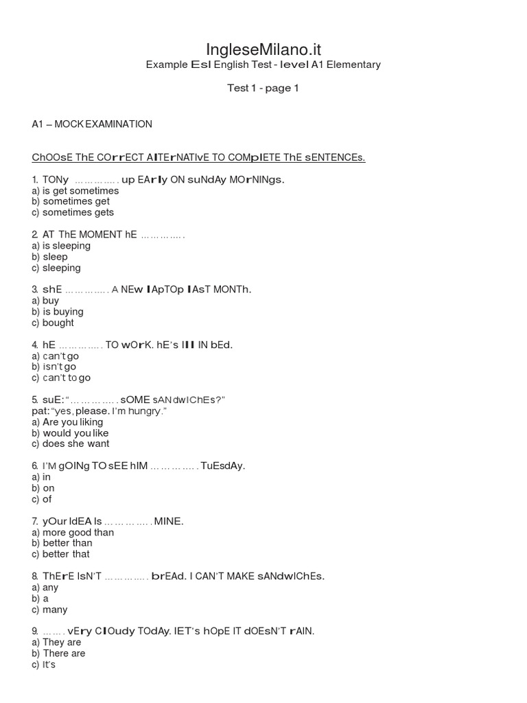 Inglesemilano It Example Esl English Test Level A1 Elementary Test
