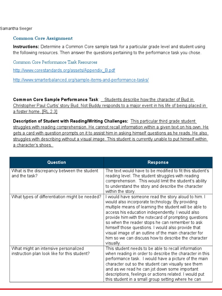 Common Core Task for Struggling Readers | PDF | Reading Comprehension ...