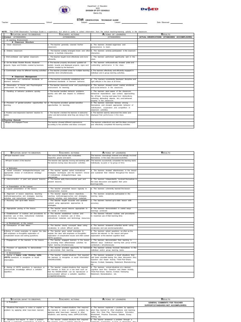 STAR Observation Technique Pates | PDF | Educational Assessment | Learning