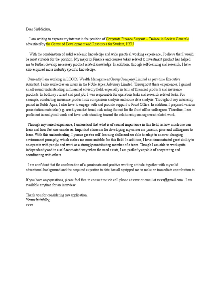Cover Letter Sample | PDF | Internship | Job Hunting