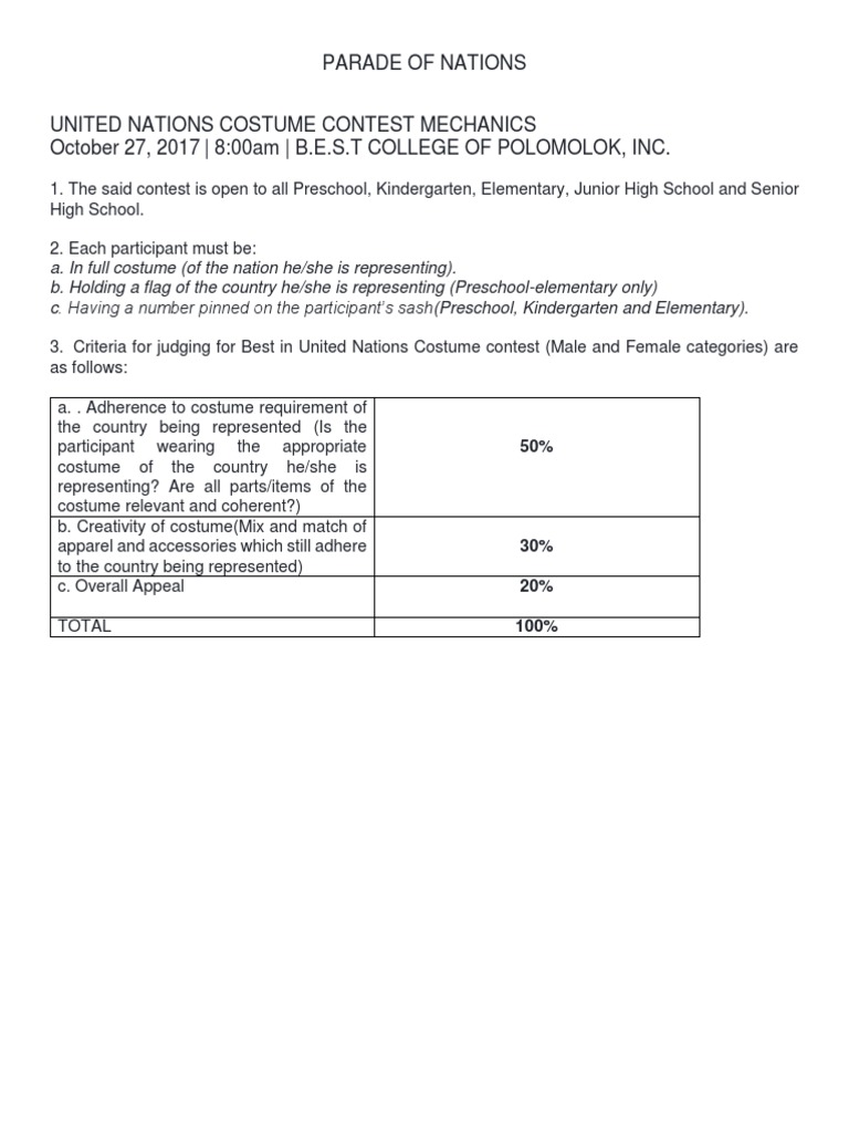 United Nations Costume Contest Mechanics
