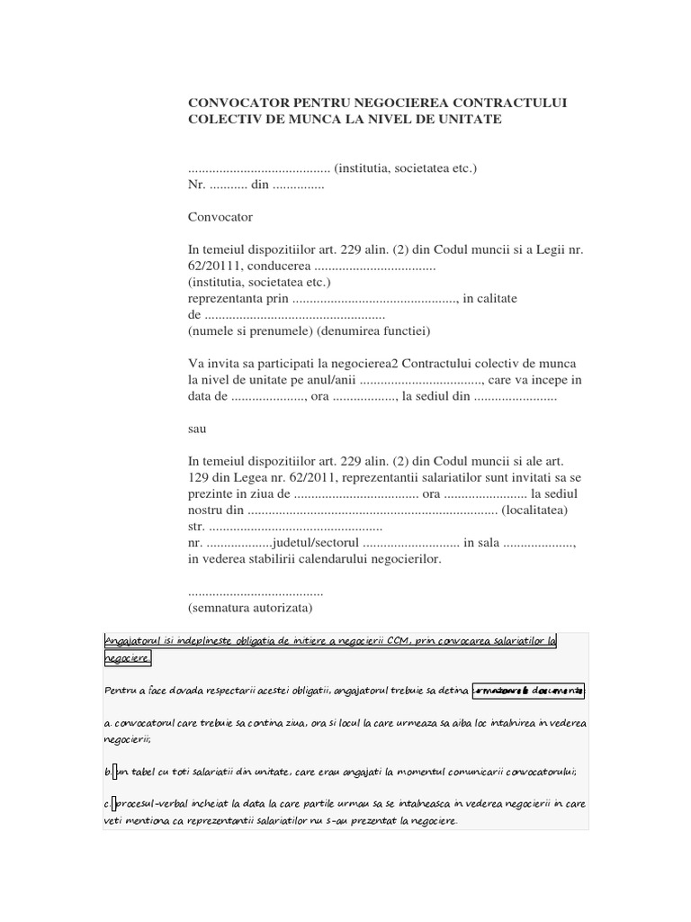 Convocator Pentru Negocierea Contractului Colecti | PDF