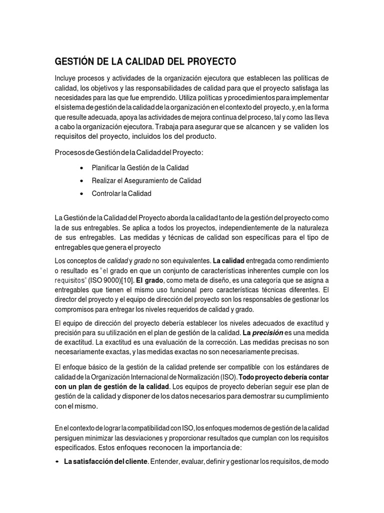 Gestión de Calidad de Proyecto - Planificacion | PDF | Gestión de la ...