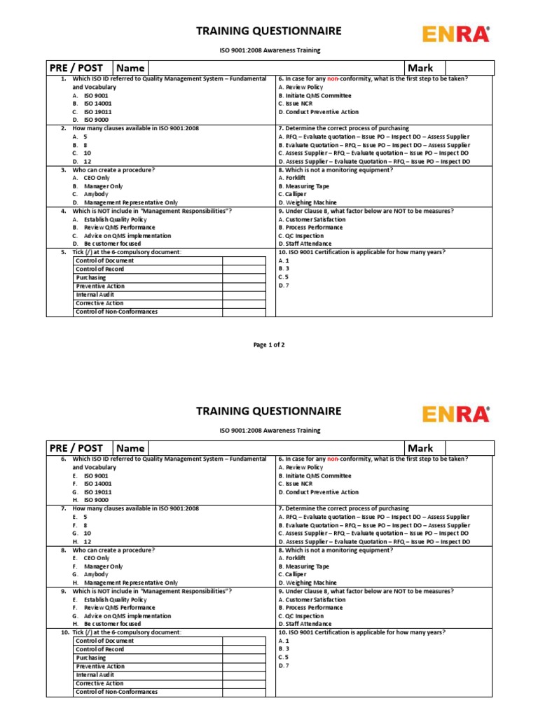 ISO 9001 2008 Awareness Training Questionnaire | PDF | Iso 9000 ...