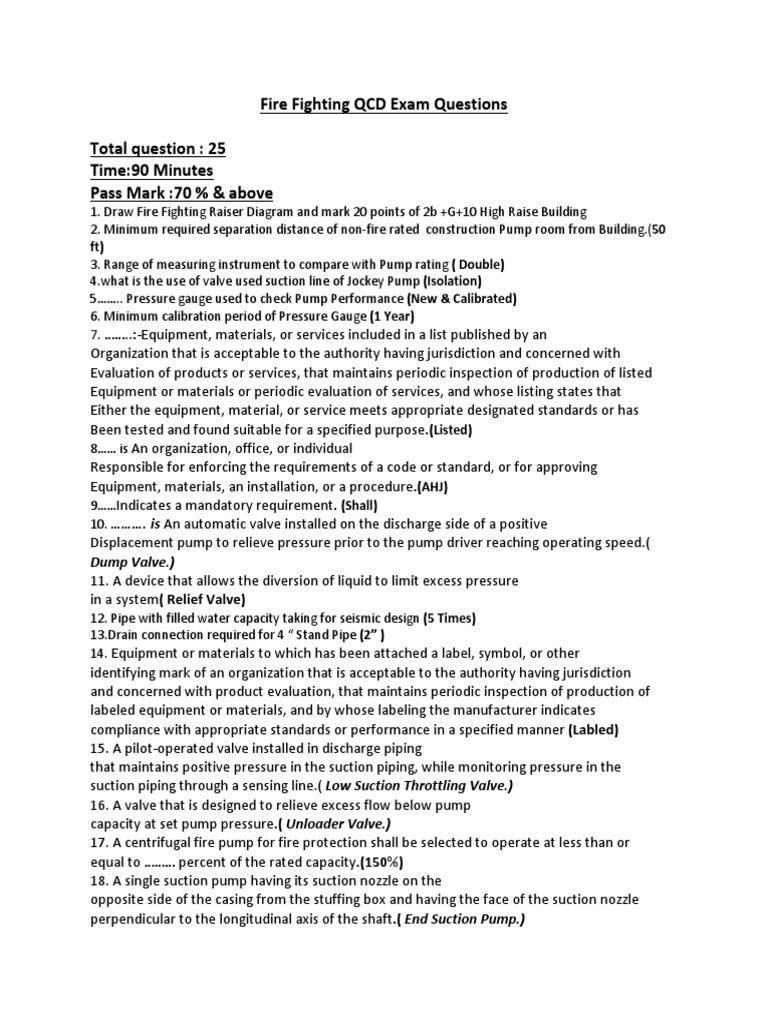 Qcd Firefighting Exam Question Fire Sprinkler System Pump