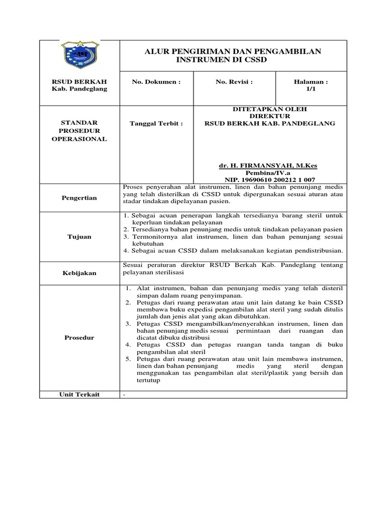 SPO Alur Pengiriman & Pengambilan Instrumen Di CSSD Bagian 2 | PDF