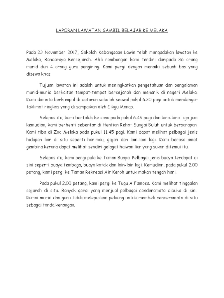 Laporan Lawatan Sambil Belajar Ke Melaka Pdf