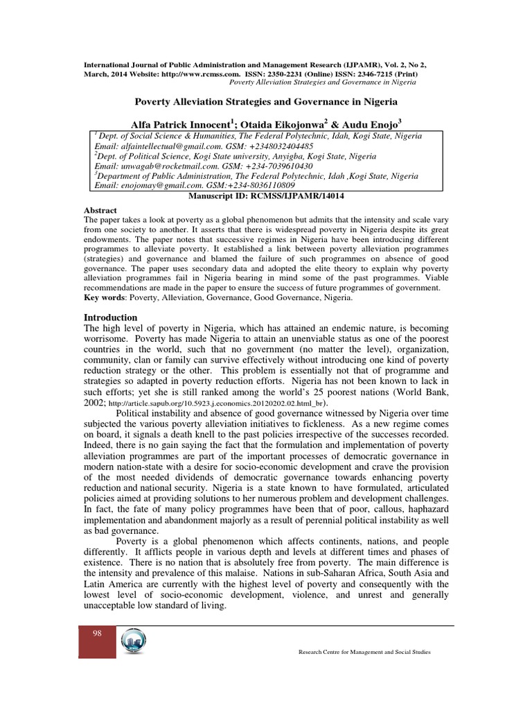 Poverty Alleviation Strategies And Governance In Nigeria pdf Poverty