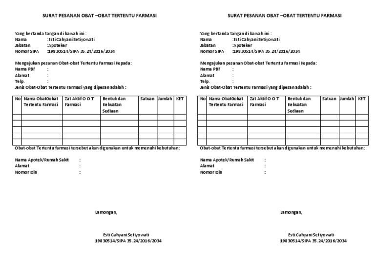 Surat Pesanan Oot Nama Industri FarmasiPBF.