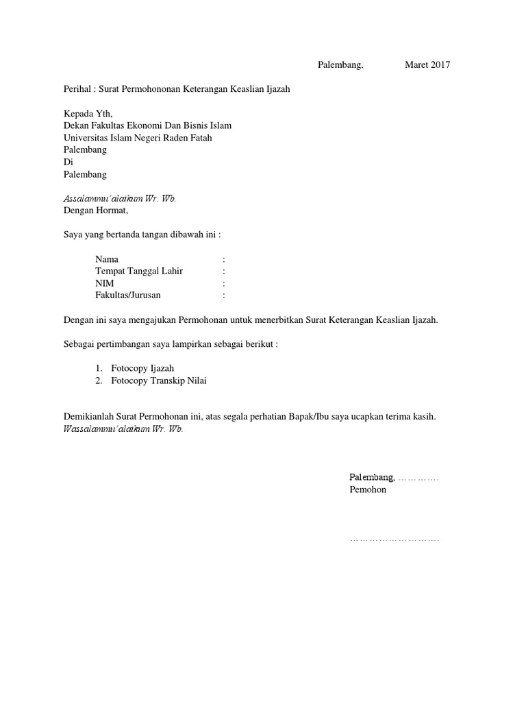 Surat Permohonan Keaslian Ijazah