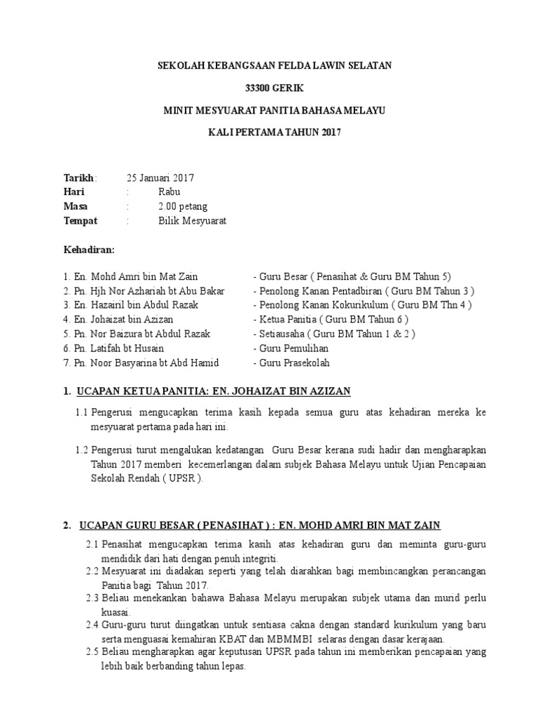 Minit Mesyuarat Panitia Bahasa Melayu 1 Tahun 2017 Pdf