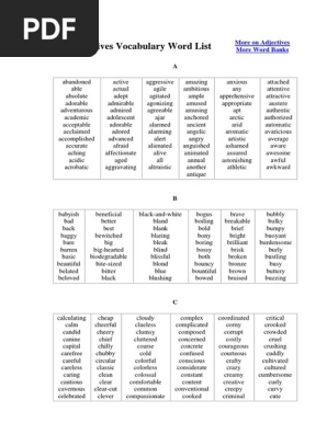 Adjectives Vocabulary Word List
