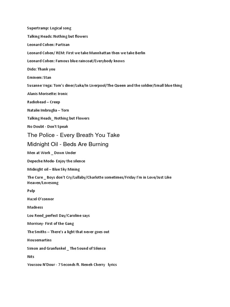 The Police Every Breath You Take Midnight Oil Beds Are Burning PDF