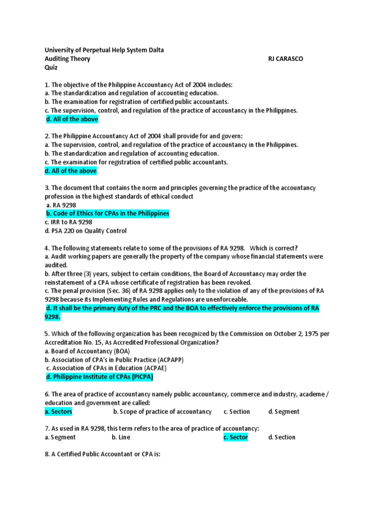 Auditing Theory Schoology Quiz 01 Answers PDF Certified Public