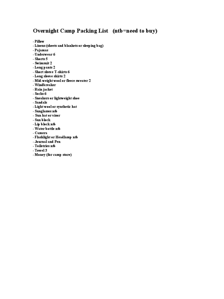 Overnight Camp Packing List | PDF | History