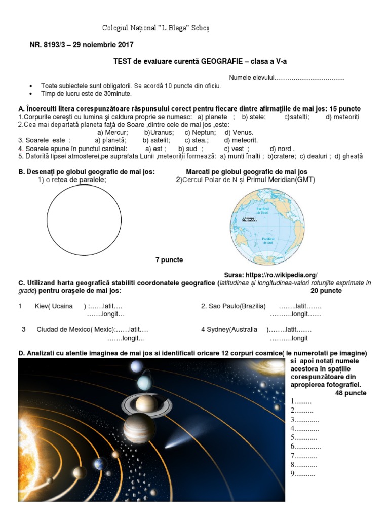 Geografie - Clasa A V - A - Test de Evaluare | PDF
