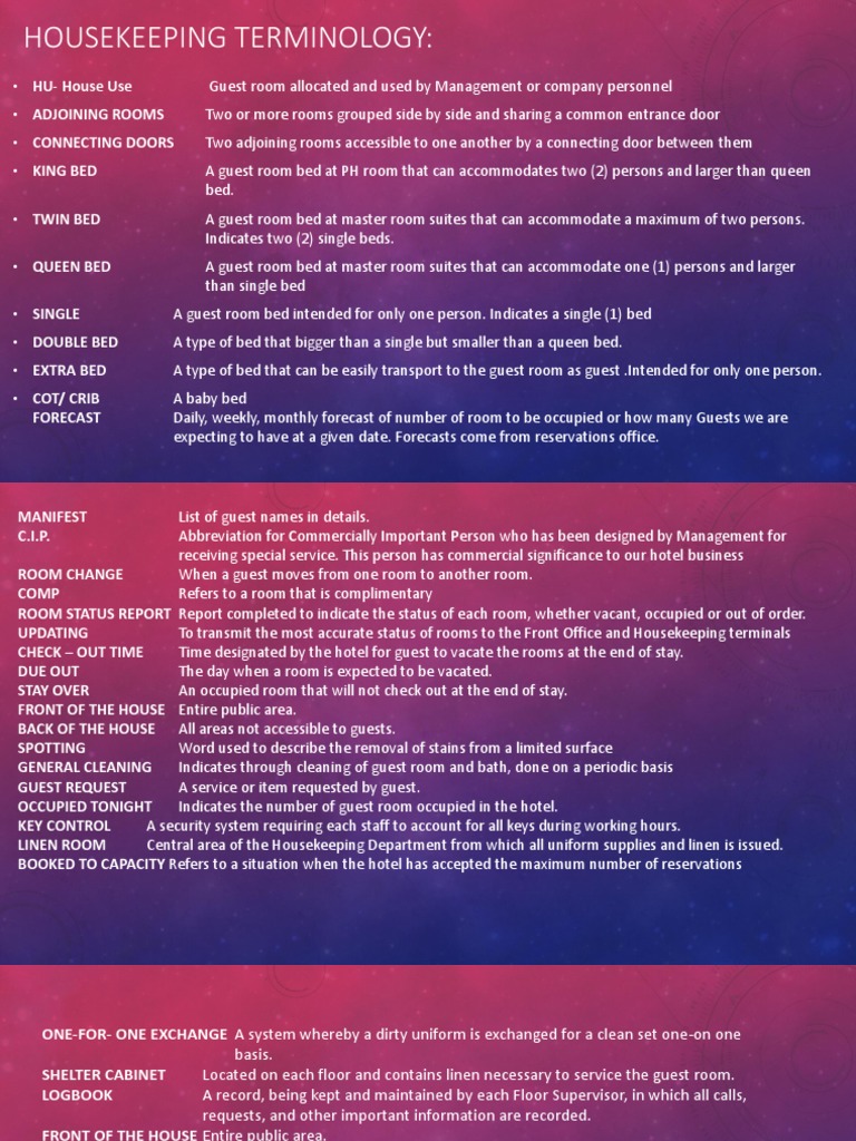 Housekeeping Terminology PDF Hotel Bed