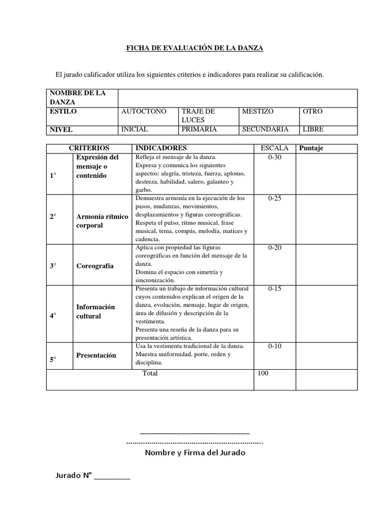 Ficha de Evaluación de La Danza | PDF | Bailes | Ritmo