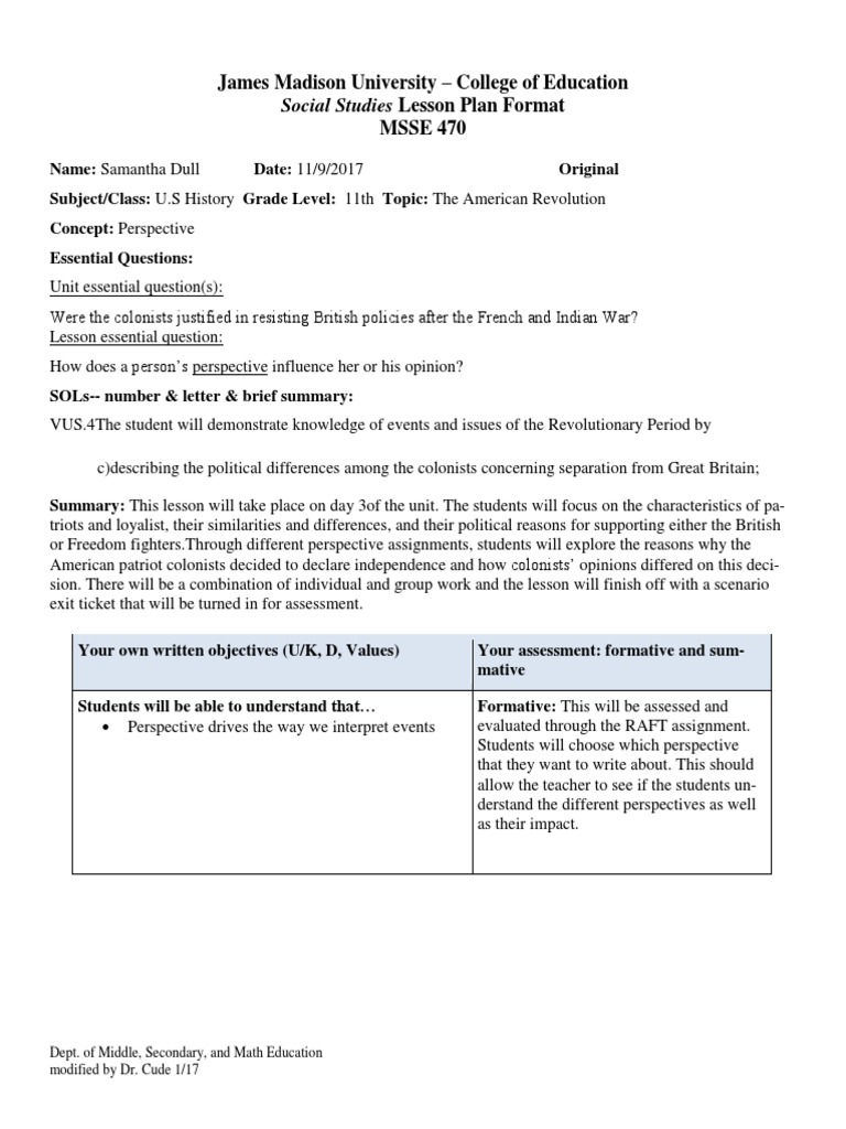 Jmu Template Plan Lesson