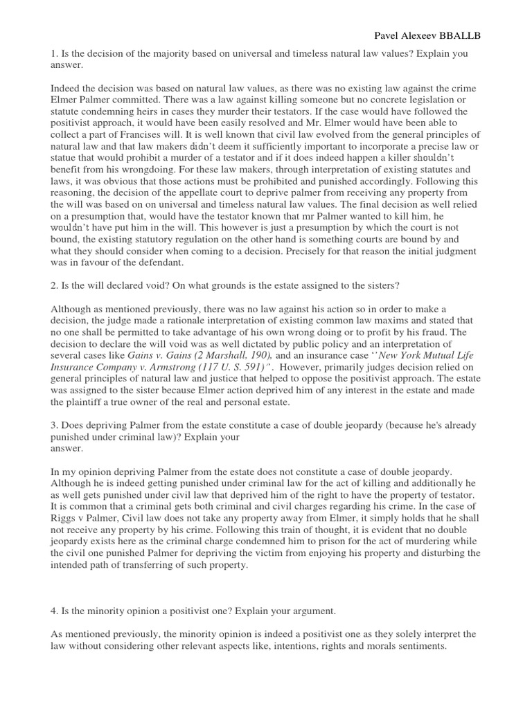 Riggs v. Palmer: Legal Principles Explained | PDF | Double Jeopardy ...