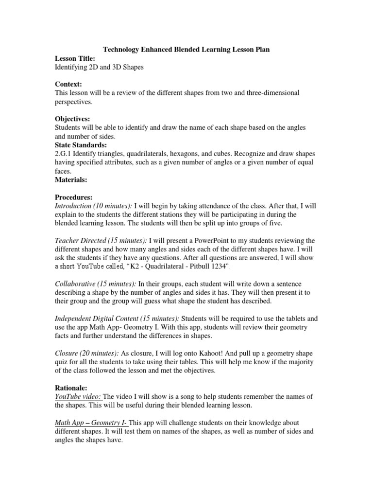 Technology Enhanced Blended Learning Lesson Plan | PDF | Shape | Lesson ...