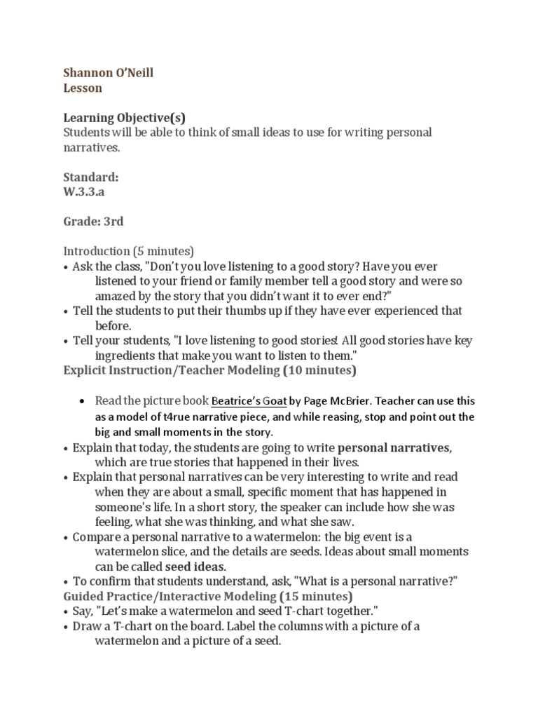 personal narrative essay lesson plans