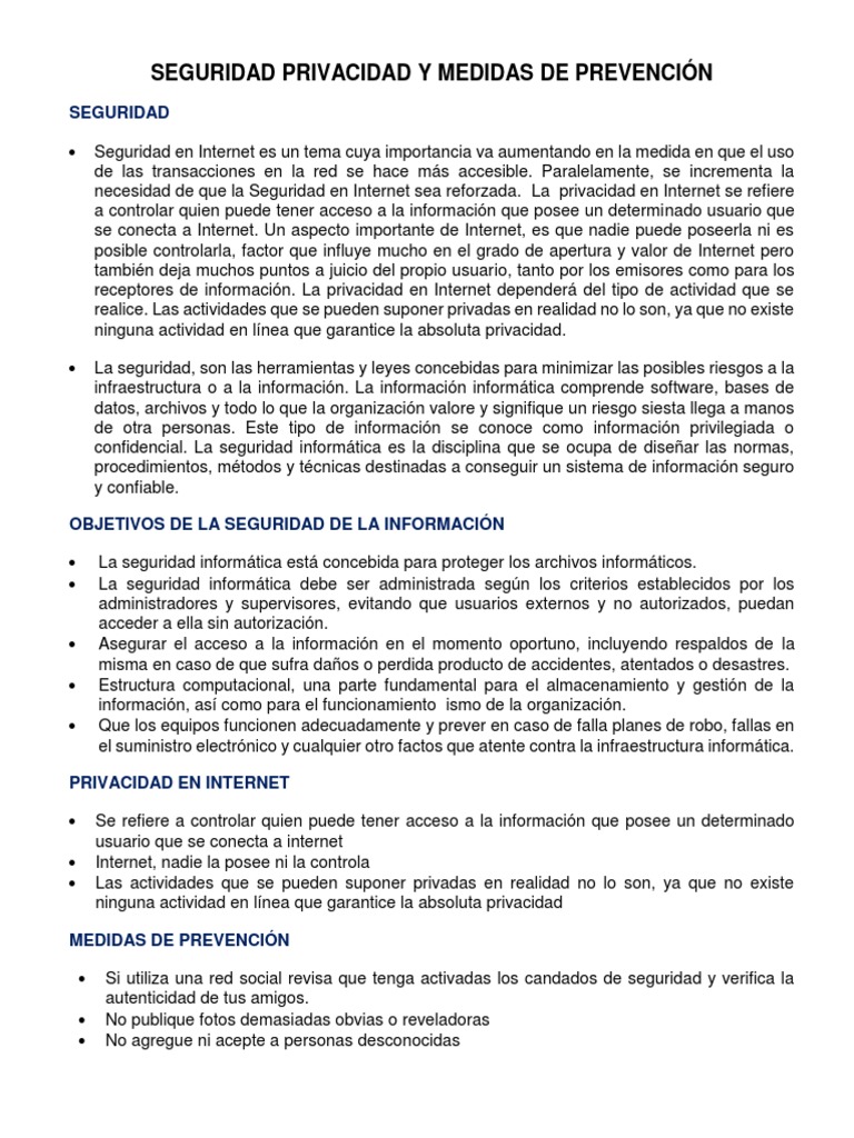 Seguridad Privacidad y Medidas de Prevención | PDF | La seguridad ...