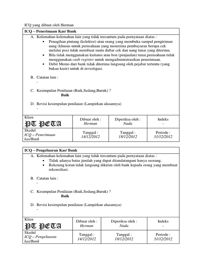 Internal control questionnaire icq 