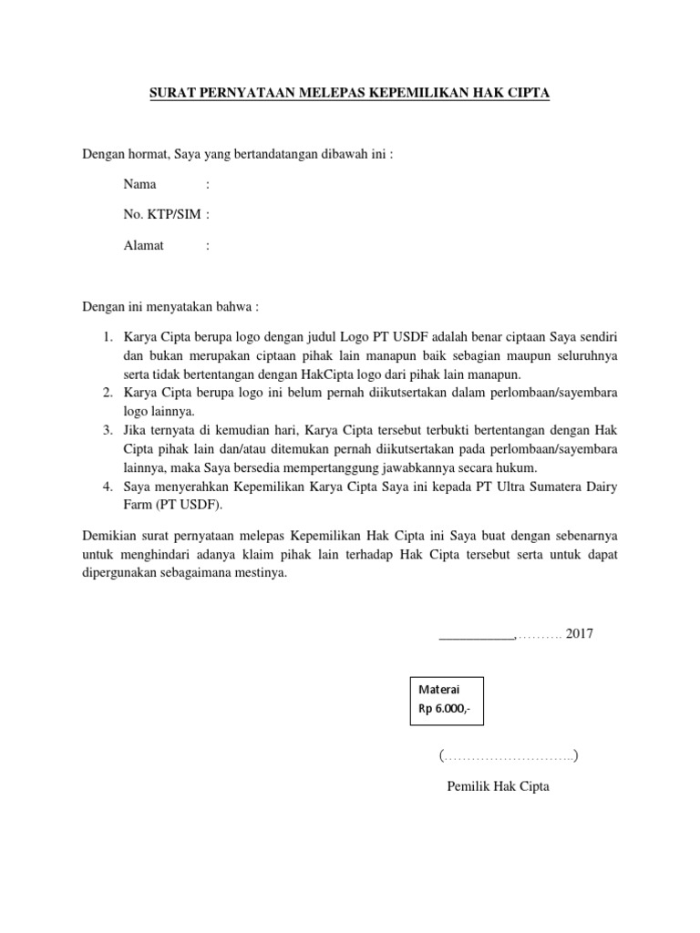 Surat Pernyataan Kepemilikan Hak Cipta | PDF