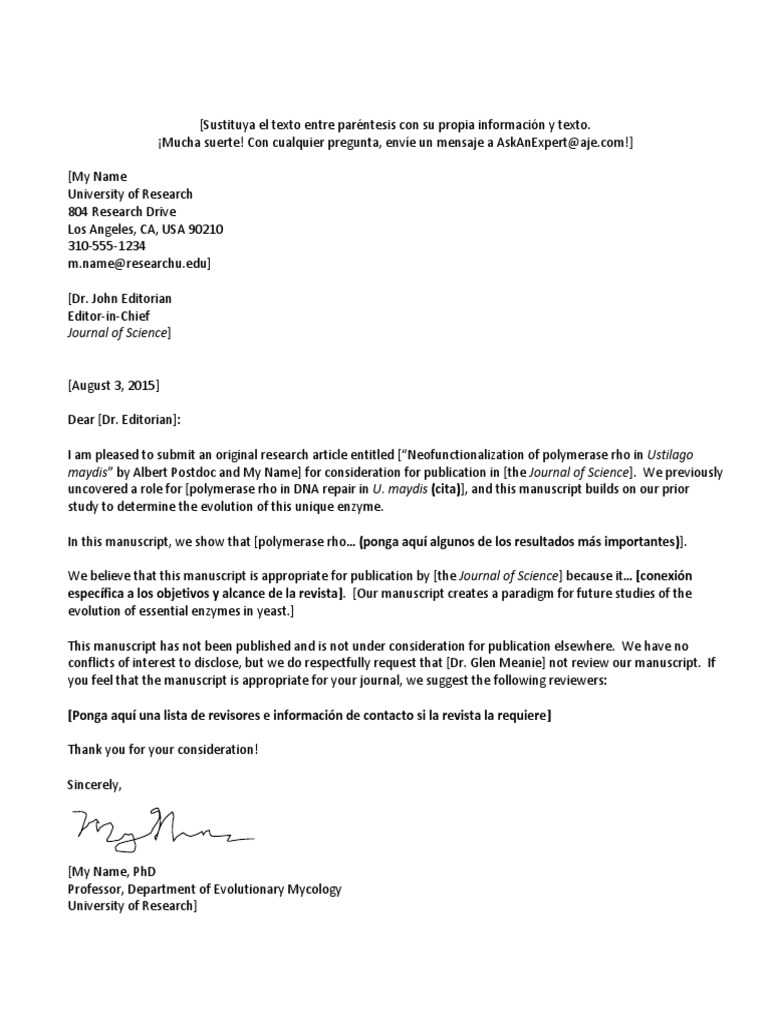 AJE Journal Cover Letter Template Spanish PDF Biomolecules Genetics