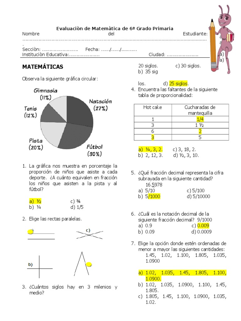 Evaluación de Matemáticas 6º Grado | PDF | Matemática Elemental ...